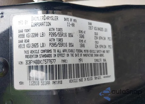 2001 Chrysler Pt Cruiser from USA, damaged, VIN 3C8FY4BBX1T577677